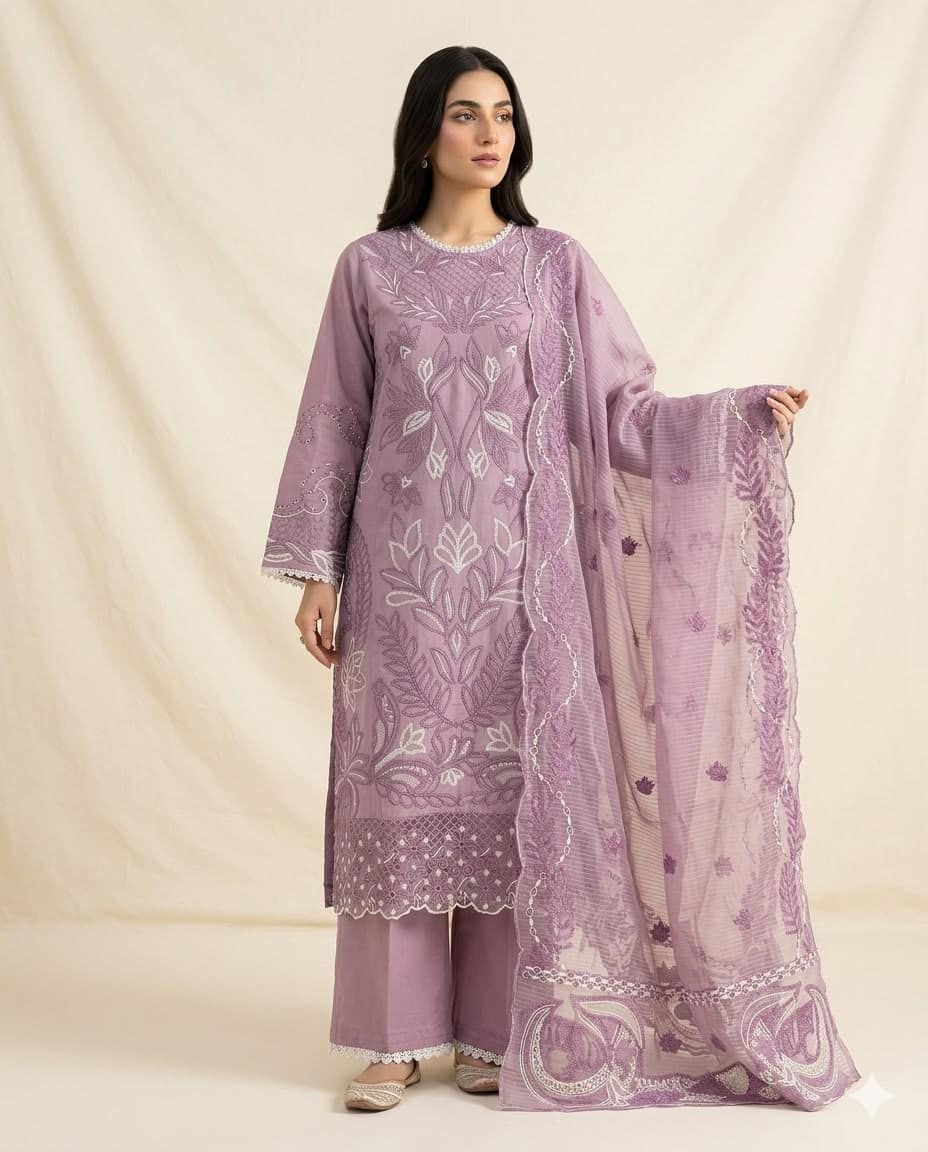 Lavender Printed 3-Piece Kurta Set — Purple
